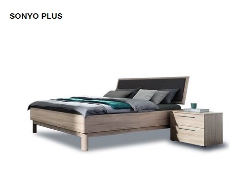Sonyo + ledikant nolte hout,eiken,poot ,rug recht,kunstleer zwart,nachtkast 2 laden